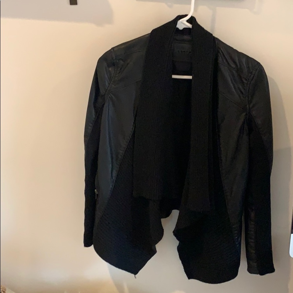 Blanknyc mixed sweater and faux leather jacket